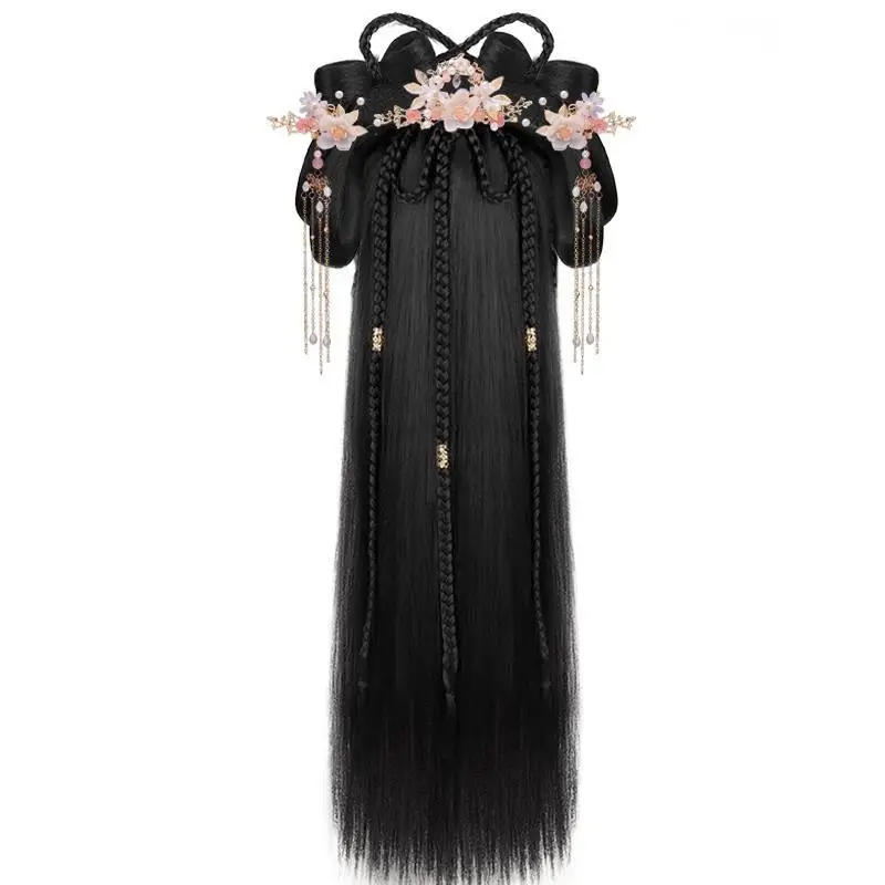 Ensemble de cheveux Hanfu : bandeau tout-en-un avec chignon rembourré, perruque Hanfu pour fille paresseuse : chignon pré-style + perruque de cosplay avec anneau de cheveux