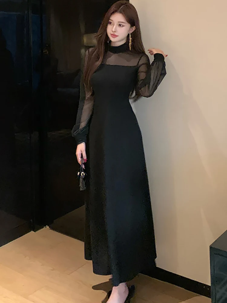 Vestido largo Sexy transparente de malla con parches negros para mujer, vestido de noche Vintage Hepburn 2025, vestido de fiesta ajustado coreano para Otoño e Invierno