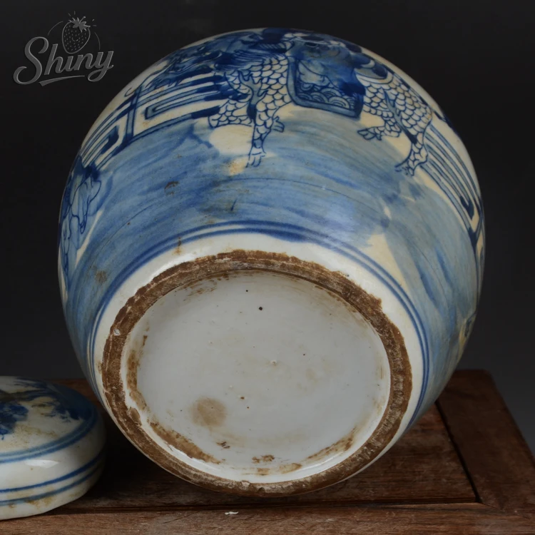 6.2 "الصينية الأزرق والأبيض الخزف جرة سلالة تشينغ جينغدتشن كيلين و طفل تصميم وعاء الشاي العلبة إكسسوارات ديكور منزلي