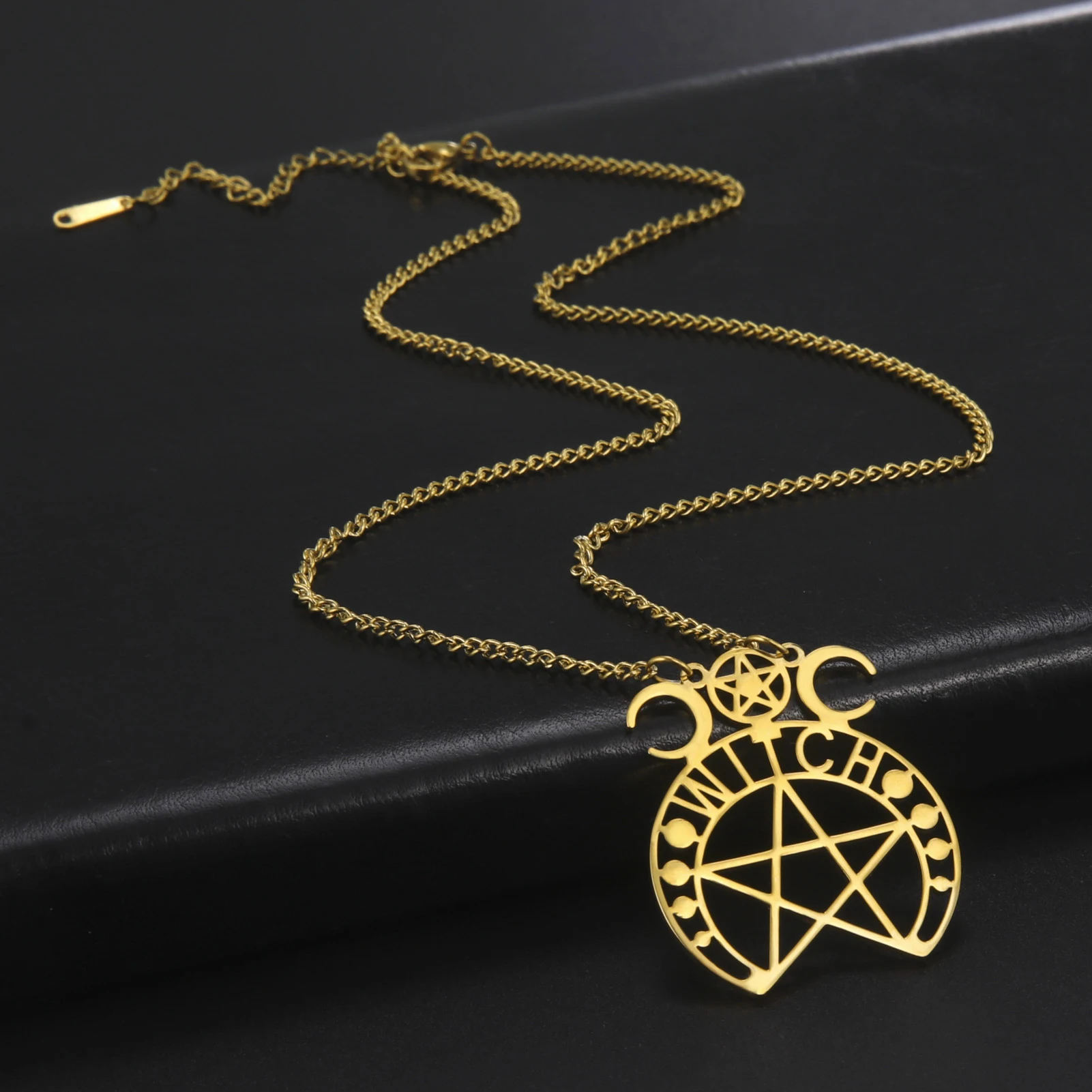 Zauberer fünfzackiger Stern Anhänger Halskette Hexe Dreifachmond Göttin Mode Straße Anhänger Edelstahl Schmuck Geschenk