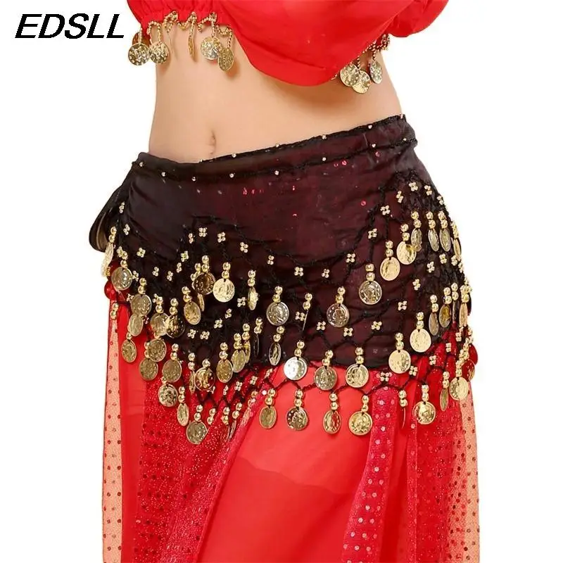 

New Women Belly Dance Waistband 128 Coin Sexy Tassel Chiffon Yoga Indian Dance Practice Waistband Accessories