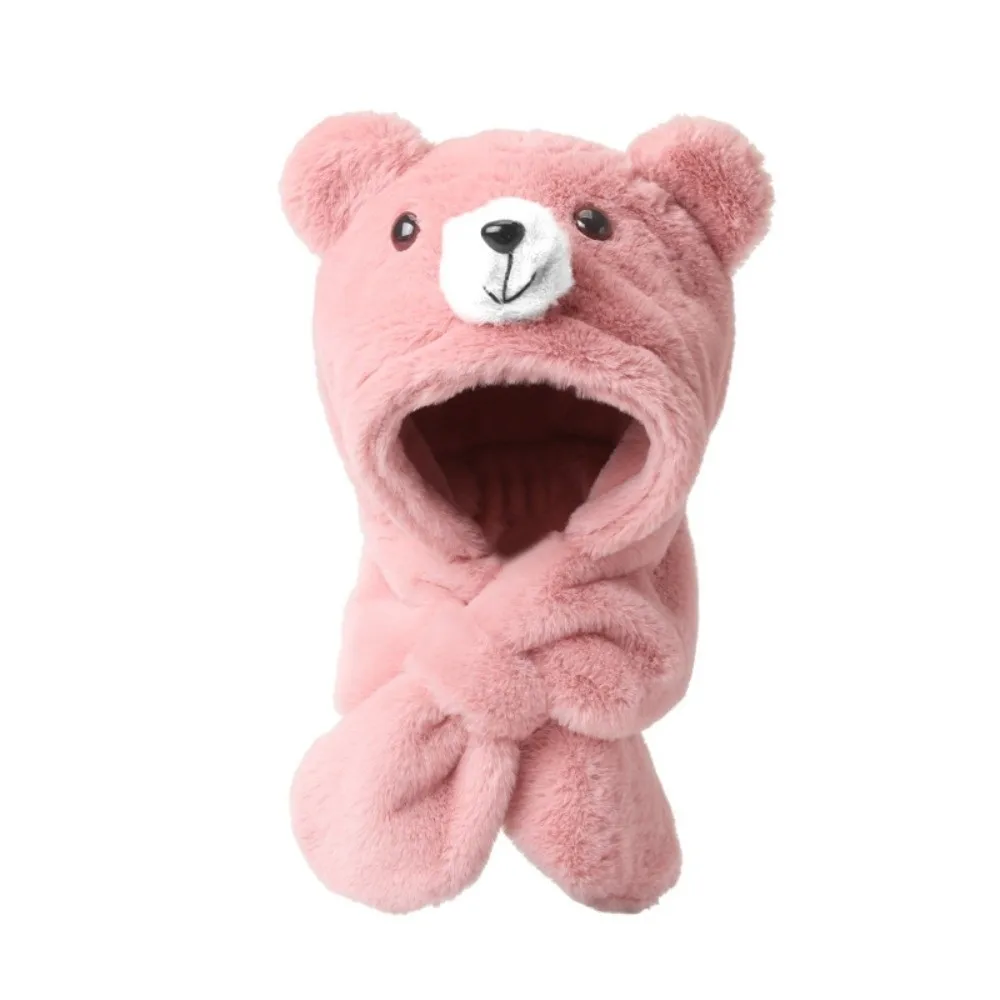 Gift Thickening Integrated Scarf Hat Windproof Fluffy Soft Winter Beanie Hat Warmth Cartoon Bear Earmuffs Hat Outdoor Play