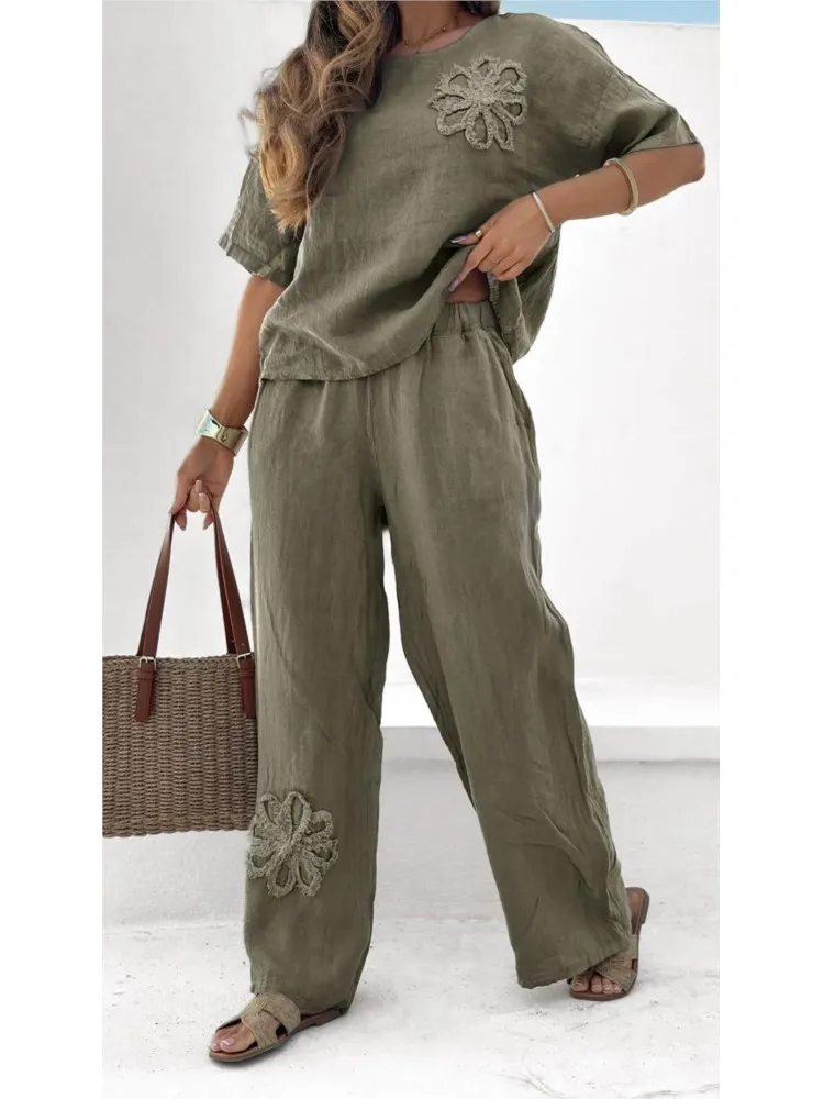 

Summer Elegant Solid Cotton Linen Two Pieces Sets Women Fashion Embroidered Top+Pants Set Lady Office Casual Loose 2 Pieces Set