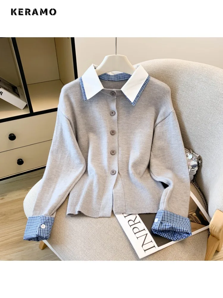 

Элегантные вязаные джемперы с отложным воротником, лоскутные пуловеры с длинными рукавами, зима 2025 г., женские базовые шикарные женские свитера, топ