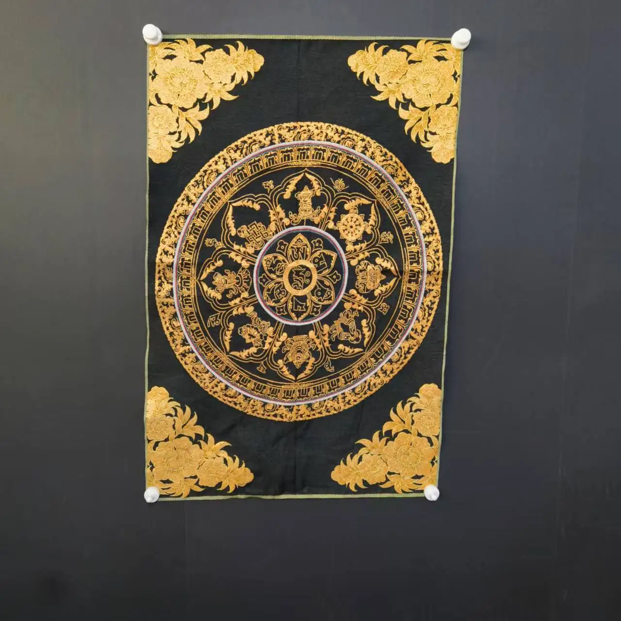 

35"Thangka Embroidery Tibetan Buddhism Silk Embroidery Brocade Nepal Eight Eight Treasures Auspicious Buddha Wheel Thangka