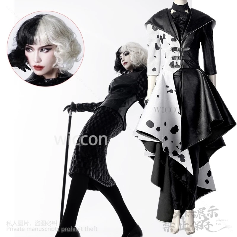 Anime Movie Dog Queen Black White DeVil Queen Cosplay Costume Halloween Outfit Cloak Suit For Adult Women Lolita Coat Half Wigs