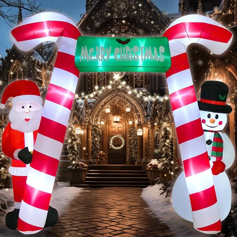 

9 FT Christmas Inflatable Candy Cane Archway with Santa and Snowman, Blow Up Merry Christmas Decorations Built-in Led Lights