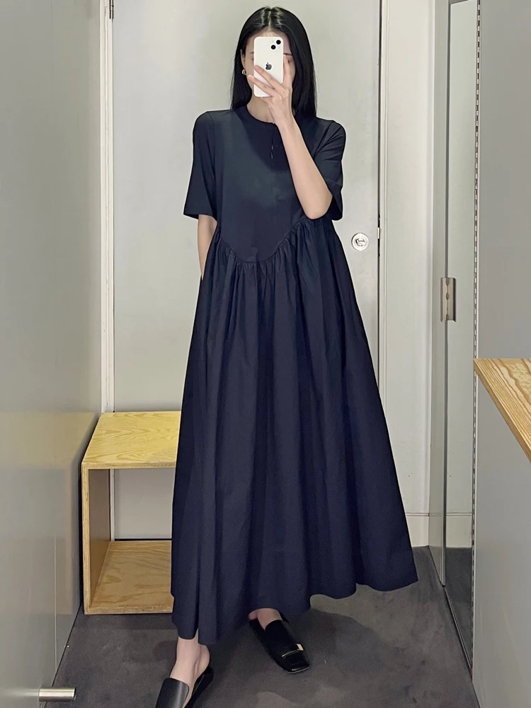 

mat Cos Sle Deep Blue Casual round Ne f Zipper Structure Pleated ort Sve Dr New Spring Women's Faion