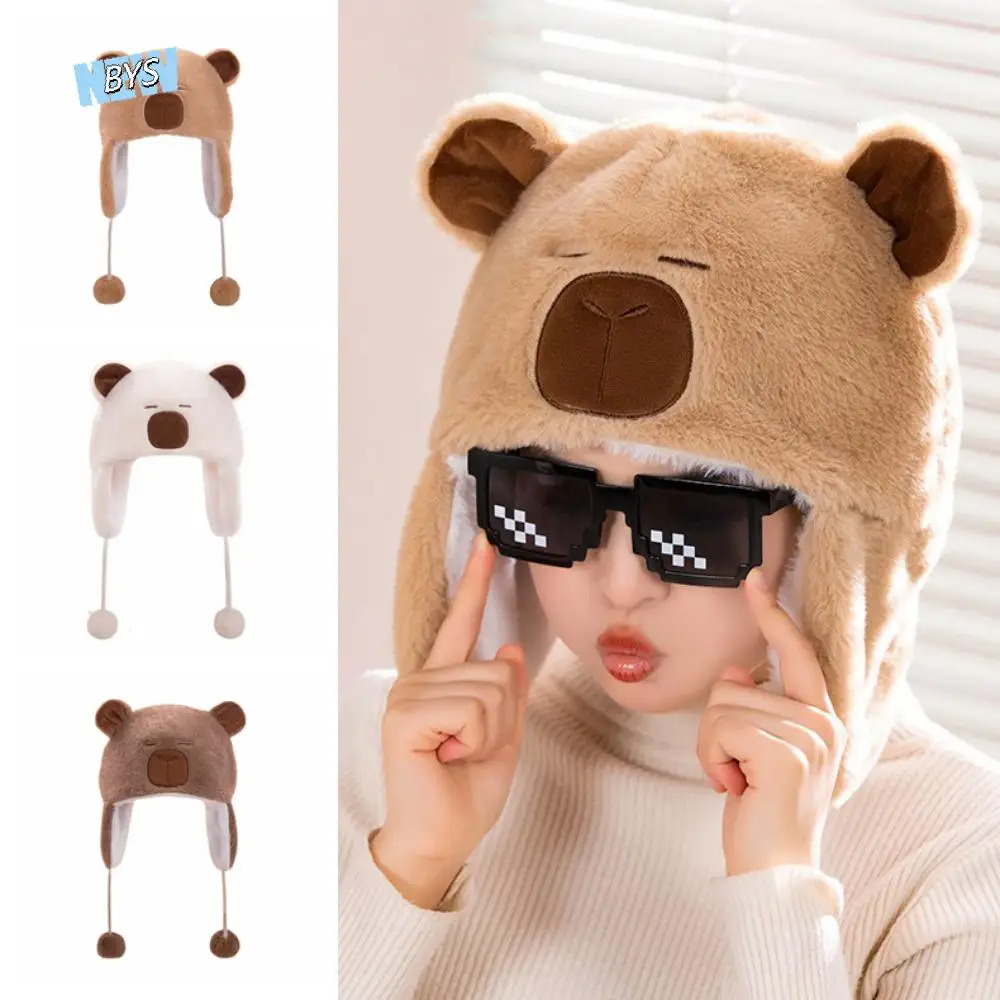 

Warm Cute Plush Capybara Hat Cartoon Ear Protection Capybara Plush Cap Thickened Pullover Hat Animals Ears Beanie Hats