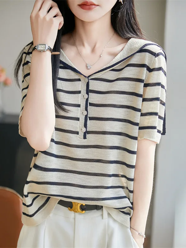 

Свободная вязаная футболка с воротником-стойкой, женская, летняя, дышащая, легкая, с коротким рукавом, мягкая, повседневный стиль, V-образный вырез, корейский студенческий стиль