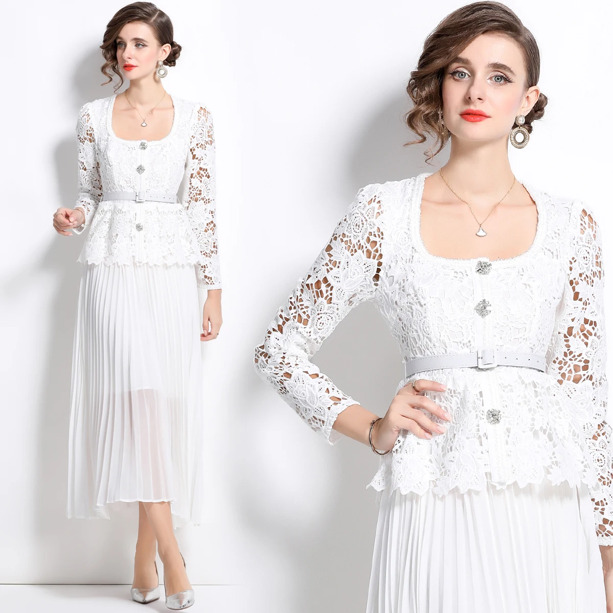 2024 Fairy Style White Square Collar Lace Splicing Dress Slim Fit Waist cinching and pleated Skirt dress for women