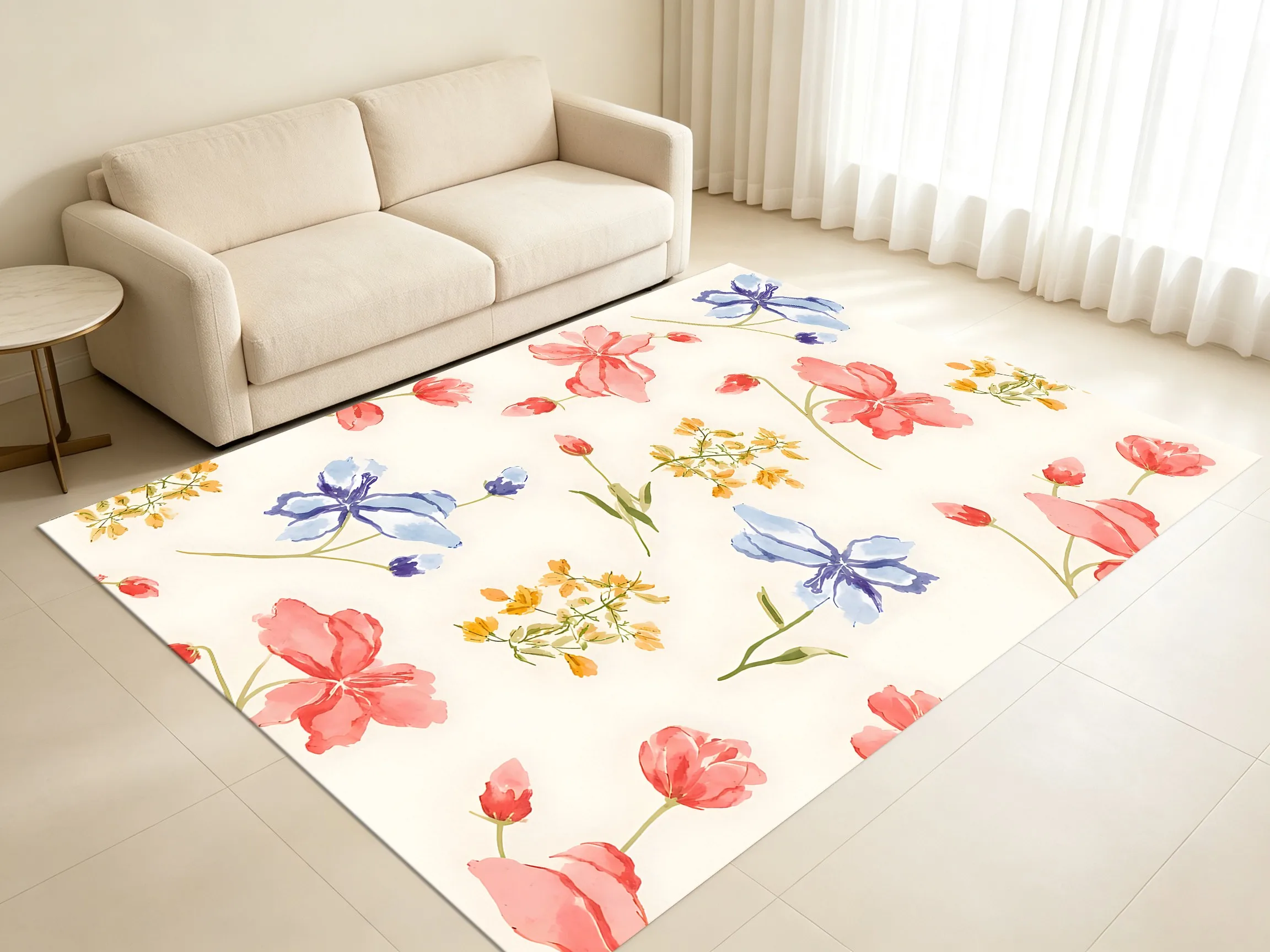 Watercolor Floral Area Rug Soft Delicate Velvet Texture for Living Room Bedroom Home Decor