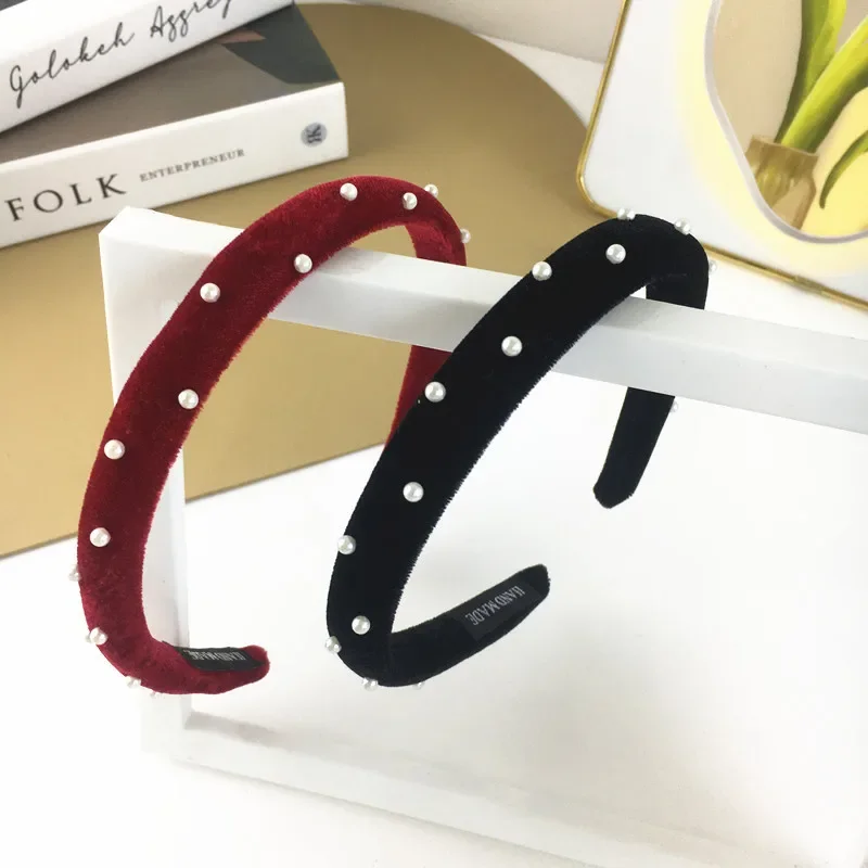 

Retro Korean Women's New Pearl Velvet Headband Sweet Wine Red Pearl Velvet Headband Outdoor Versatile Female Hair Accessories