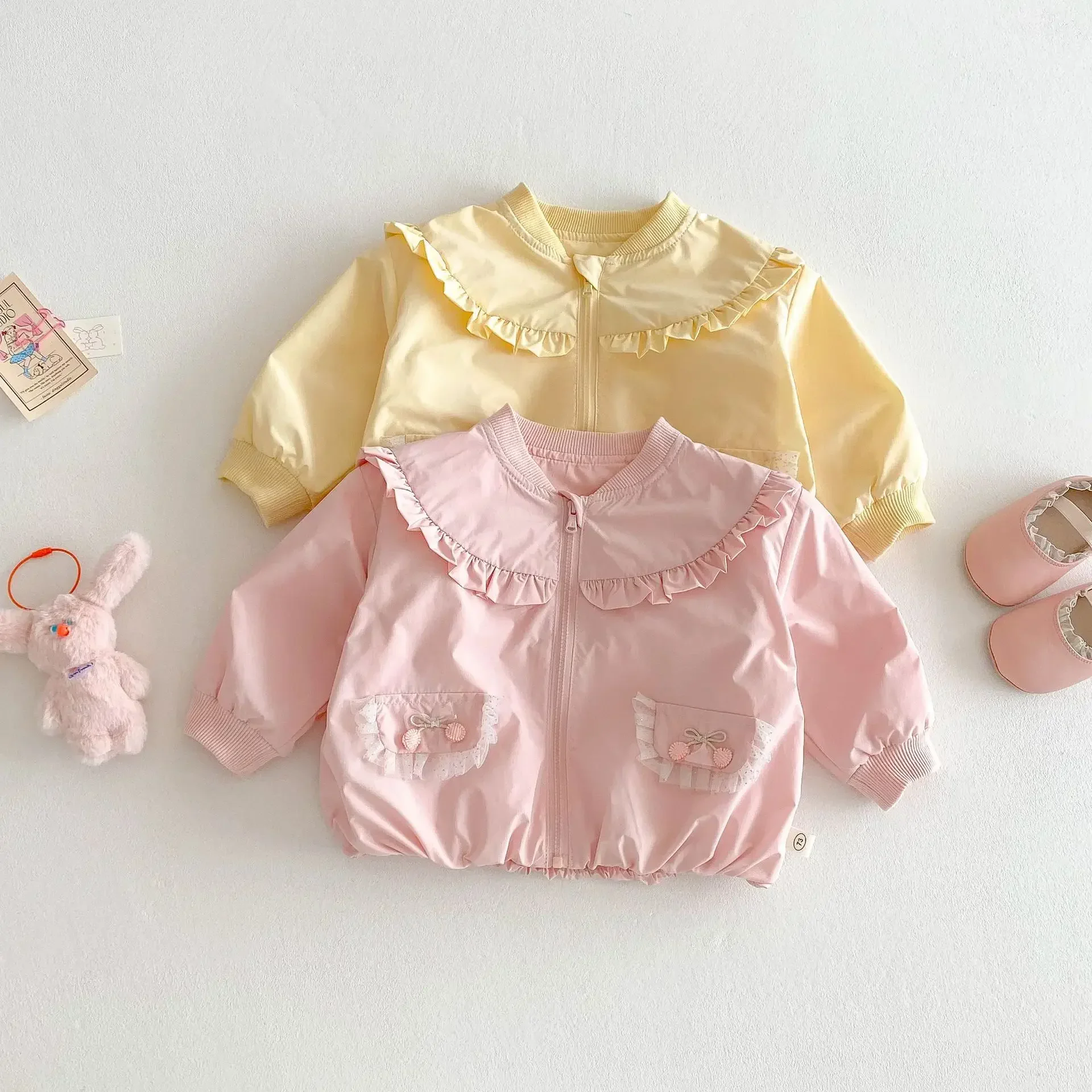 

2025 New Spring Korean-Style Toddler Coat for Girls, 0-5 Years - Chic Bow Top, Solid Color, Loose-Fit Baby Spring Jacket