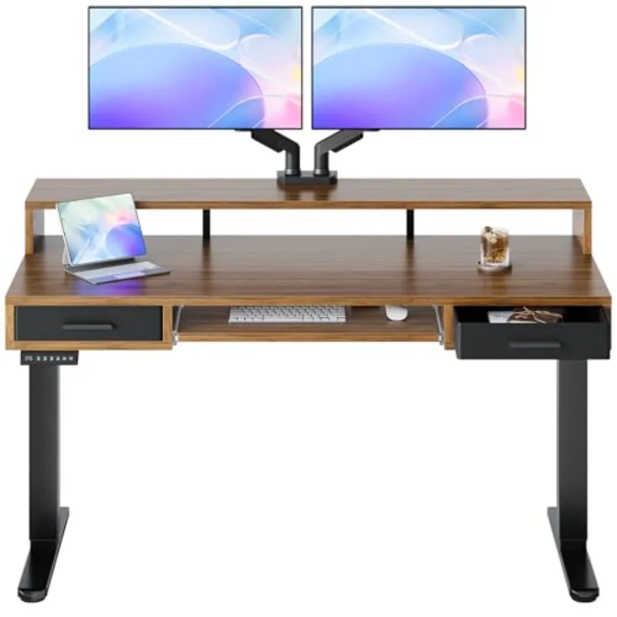 Office electric standing desk, steel frame, matte black, 55 x 26 with 2 drawers 24.4 keyboard tray, C-clamp mount compatible, 4