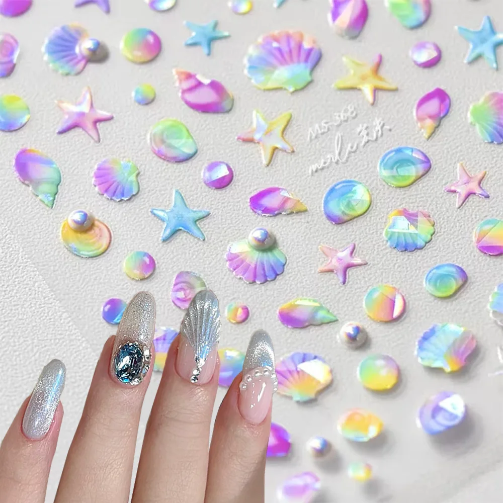 

Fantasy Beach Colorful Seasnail Nail Sticker Shell Pearl Conch Star Aurora Decals 3D Dreamy Mermaid Decoration Nail Art Stickers