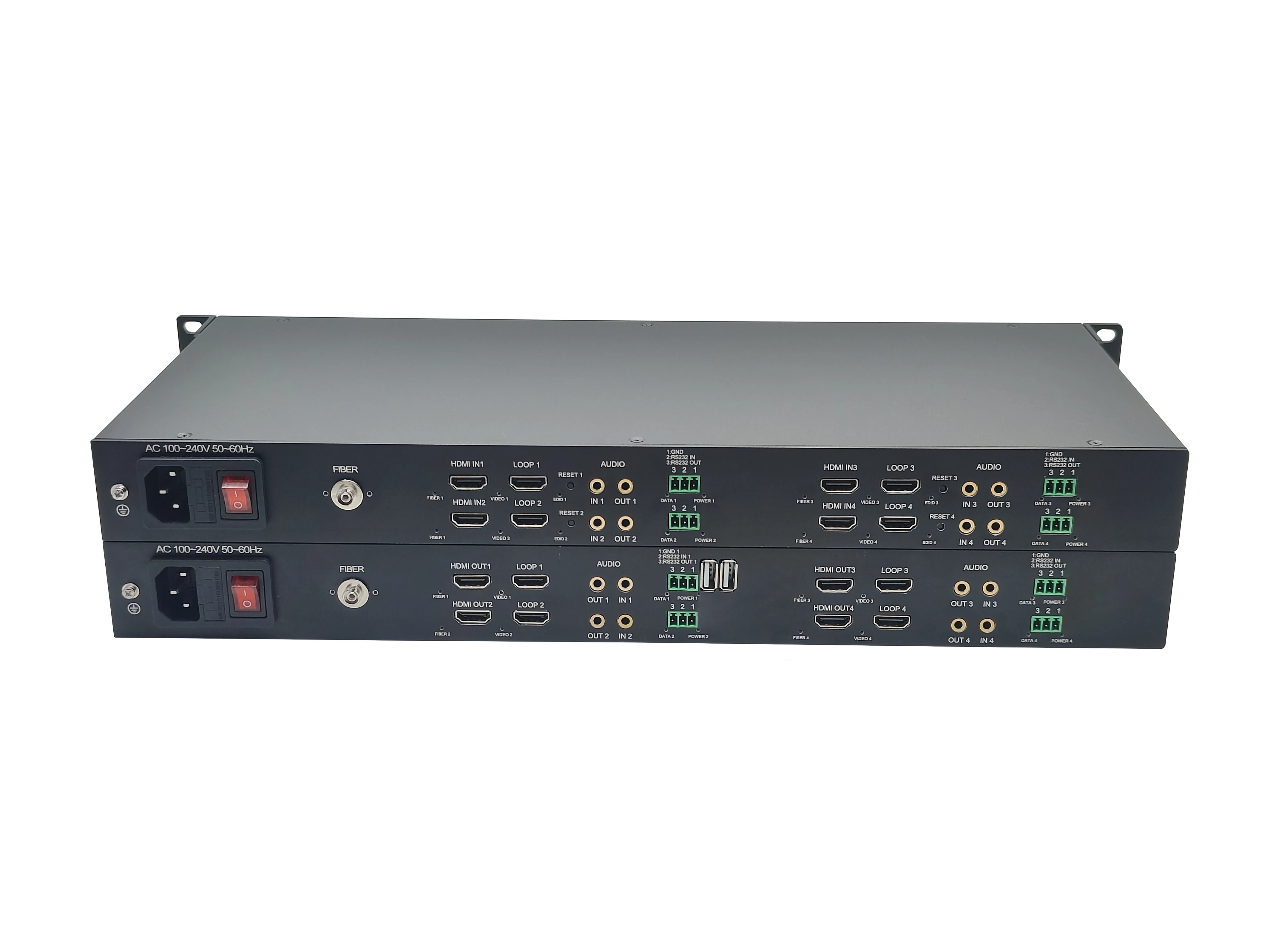 4 channel 4K30Hz  video with local loop out;1 channel bidirectional 3.5 o 10KM LC 4K30Hz  Fiber extender
