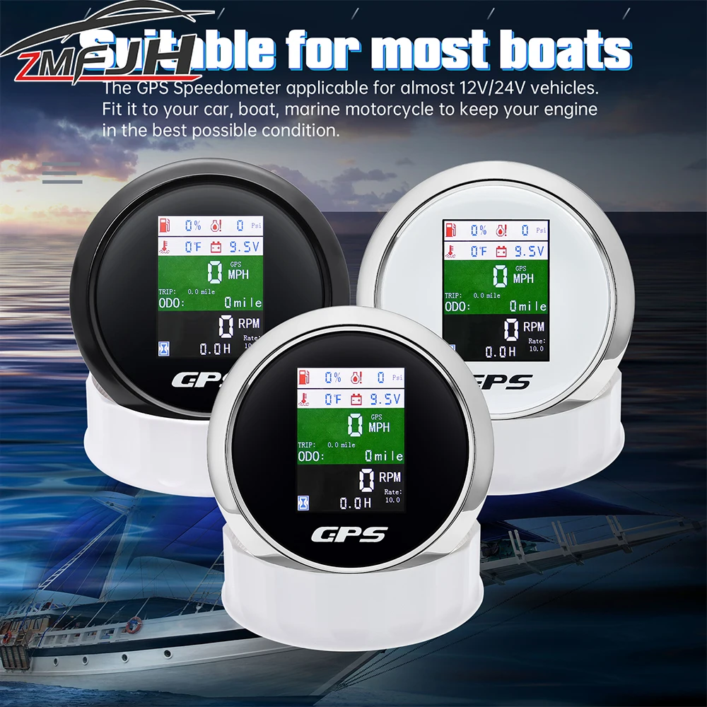 

85mm GPS Speedometer Tachometer Water Temp Fuel Level Oil Press Voltmeter Odometer With GPS Antenna For Boat Car Speed Meter