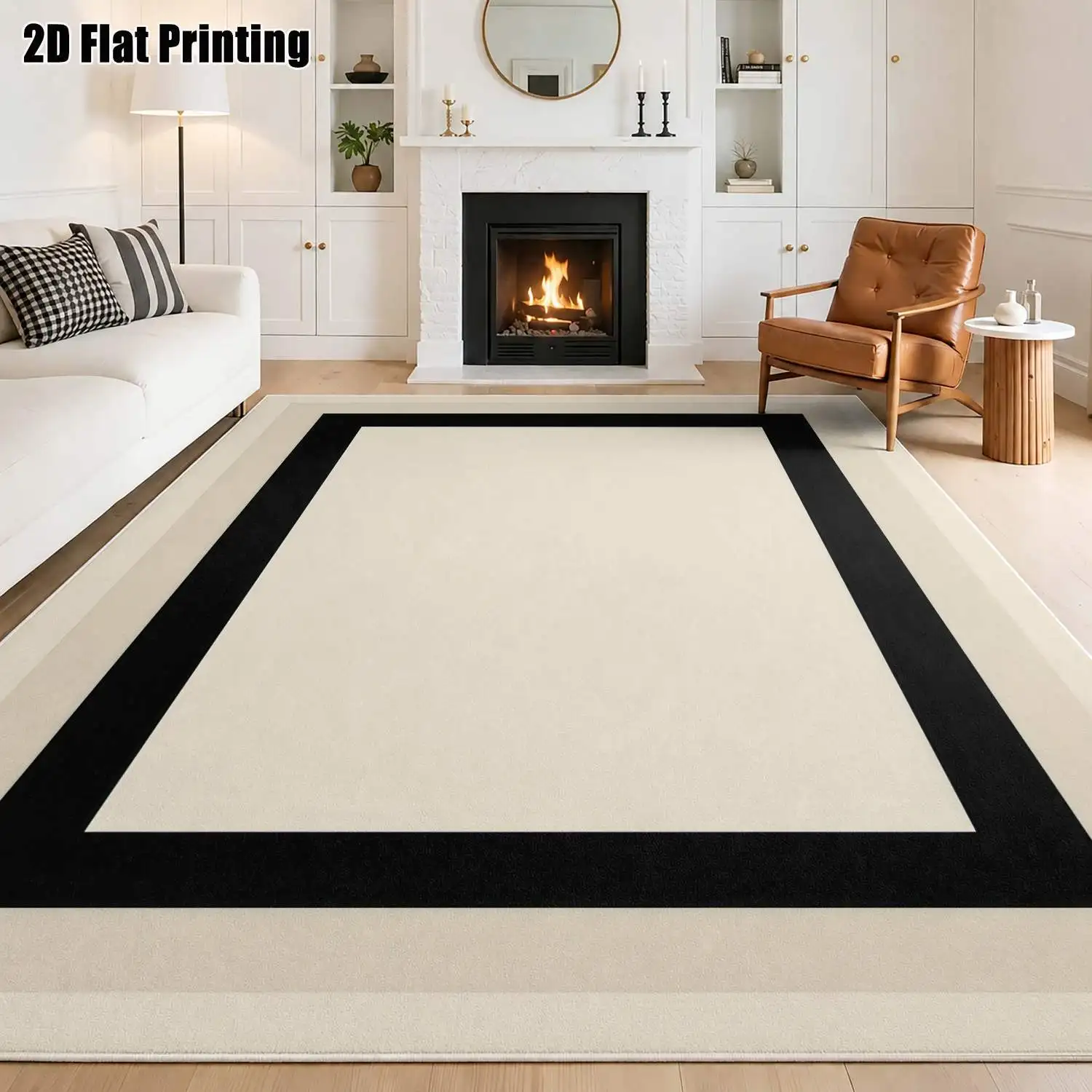 1Pc 2D Printed Velvet Carpet, Black White Geometric Frame Pattern Nordic Modern Minimalist Instagram Floor Mat, Home Decor, Multi-Size Machine Washable, for Entrance, Dining, Foyer, Bedroom, Living Room
