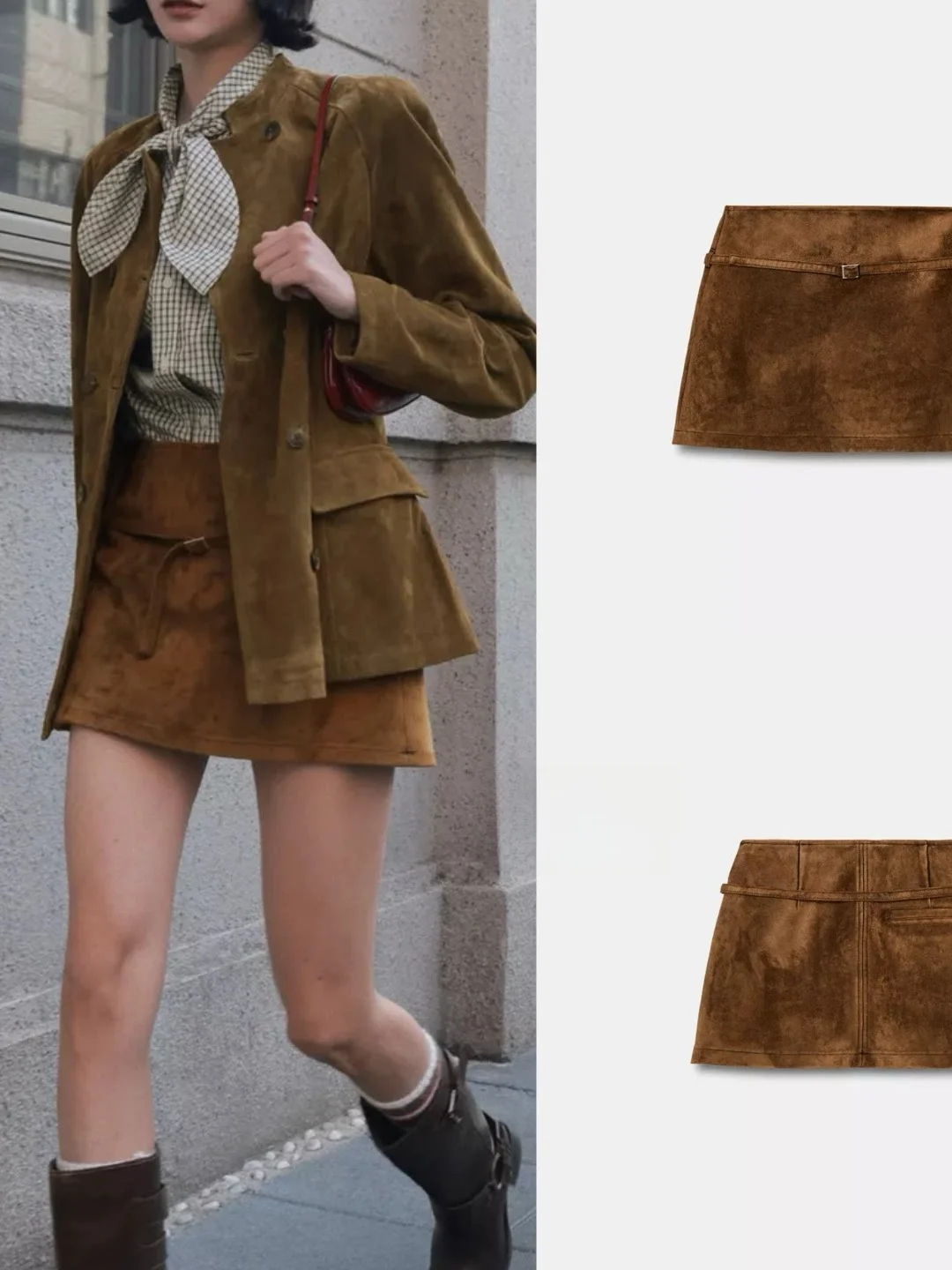 Street Style Retro Suede A-Line  Skirt Women's Belted mid Waist Short Skirt Spring 2026URCACHE Zipper Design Ladies Skirt