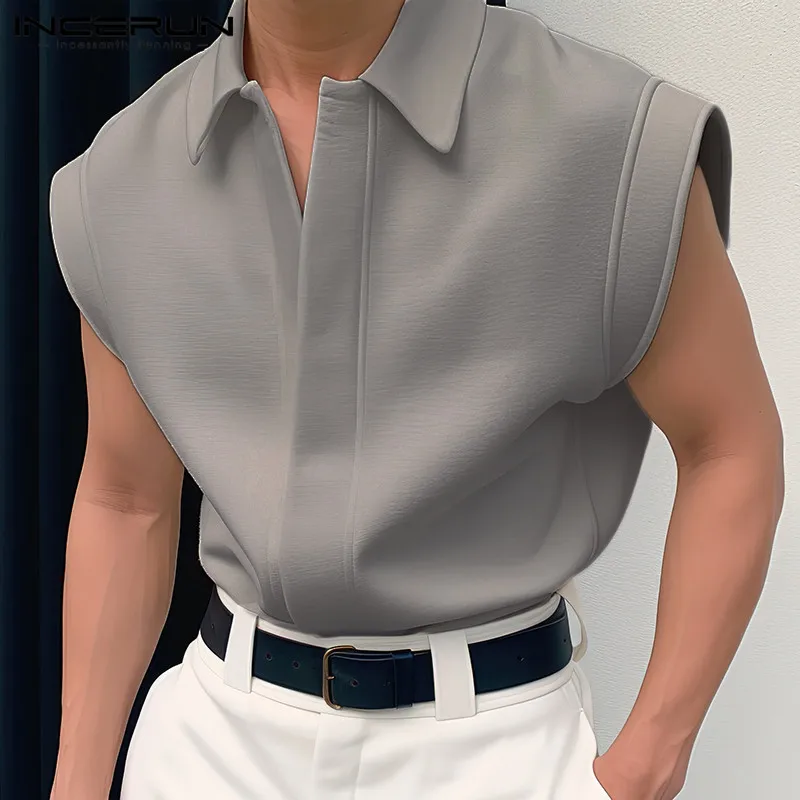 INCERUN Tops 2024 Korean Style Handsome Men\'s Simple Shirts Stylish Streetwear Solid Well Fitting Lapel Sleeveless Blouse S-5XL