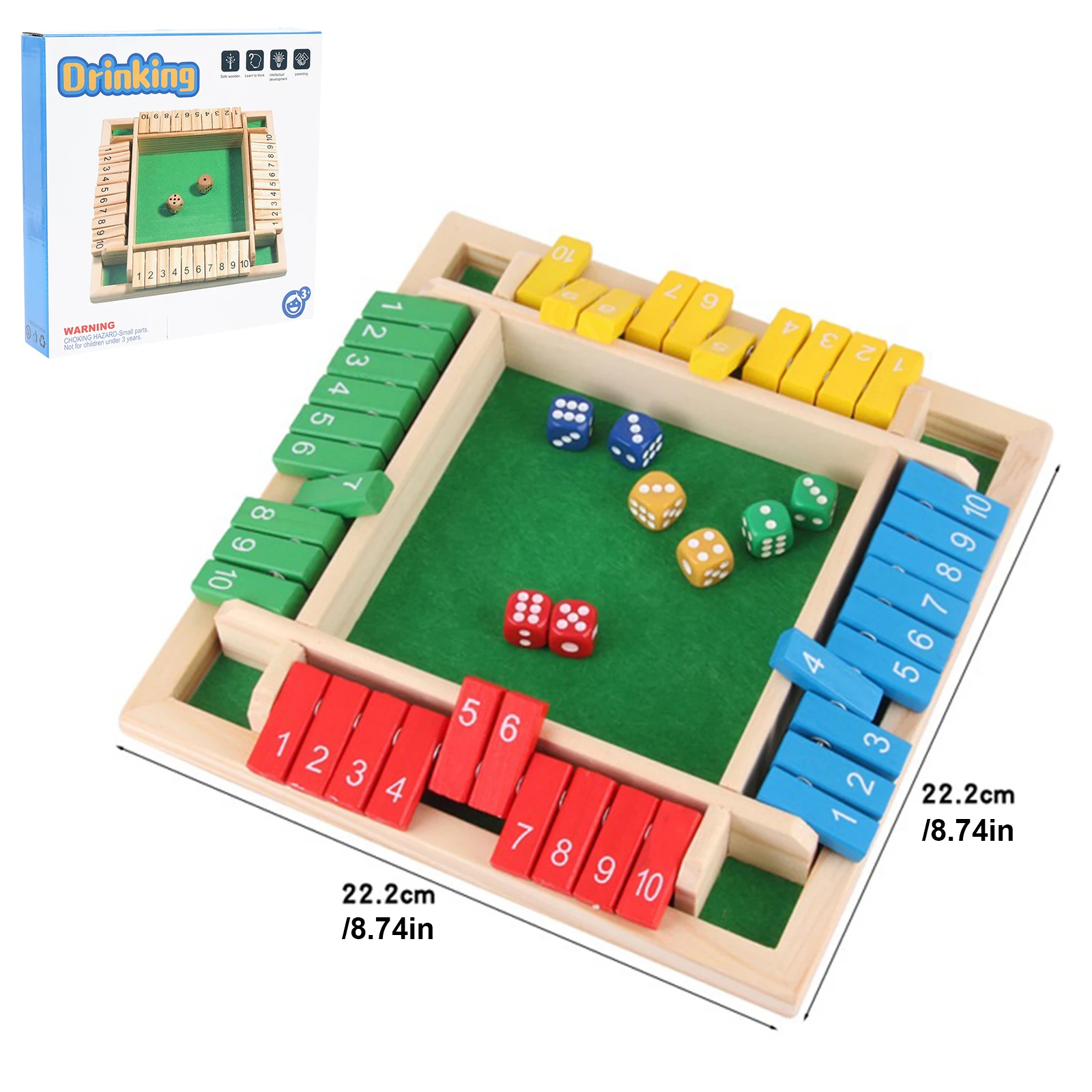 Shut The Box Dice Board Game Four-Sided Flip Card Game Toys Travel Size 4 Player Dice Math Games Wooden Game for Kids Adults