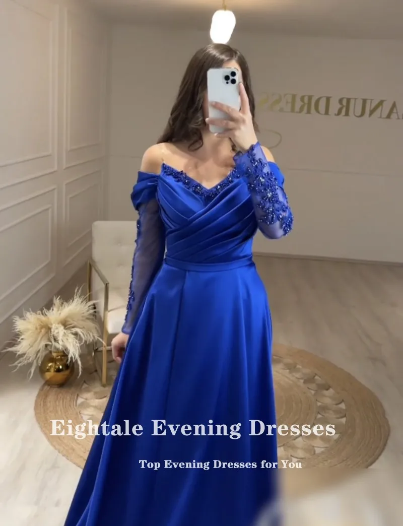 Eightale-vestido de noche azul real para boda, vestido de fiesta de satén con apliques de cuentas, manga larga, plisado, elegante, línea A, para graduación