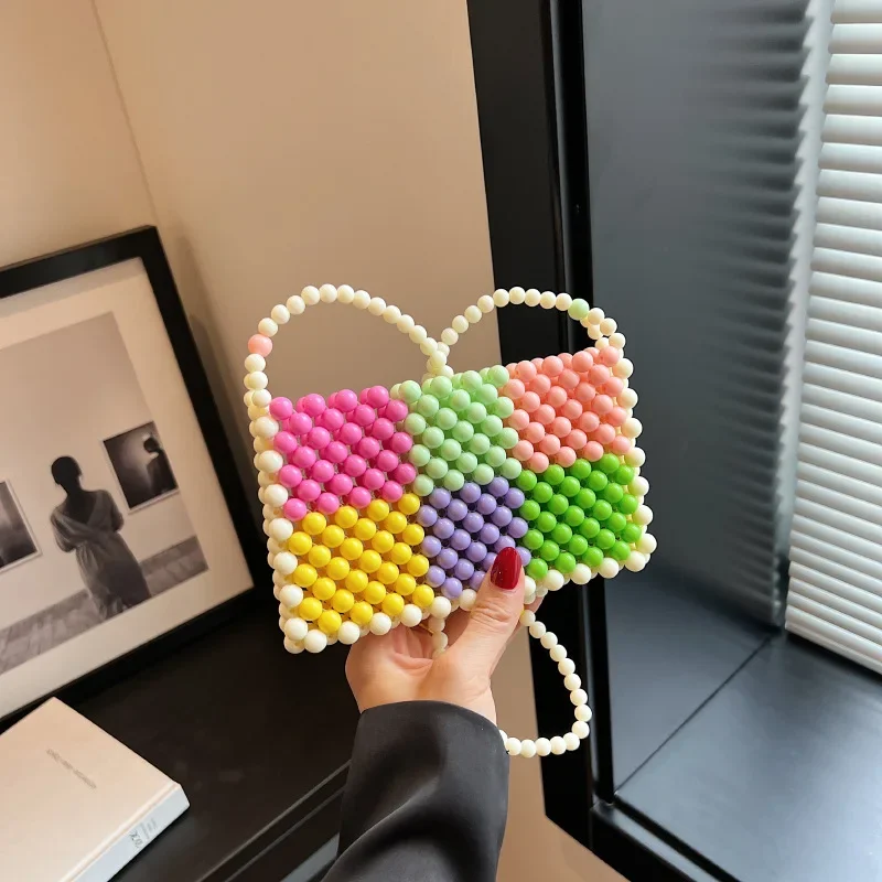 

2024 New Trend One Shoulder Crossbody Bags for Woman Colorful Knitted Cute Beaded Fashion Fresh Mobile Phone Bag Women's Bag