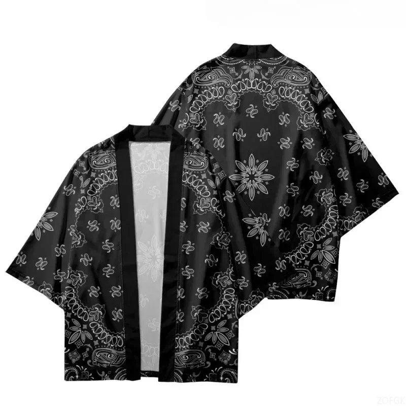 Japanese Clothing Men Harajuku Black Printed Kimono and Pants Set Women Cardigan Jacket
