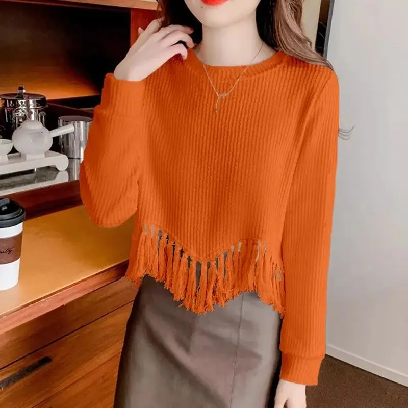 Autumn Winter Round Neck Screw Thread Solid Color Pullover Women\'s Long Sleeve Sweater Knitted Casual Fashion Elegant Tops