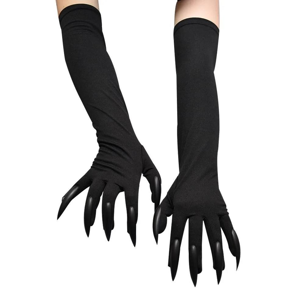 Black Halloween Makeup Black Nail Gloves Elastic Full Finger Ghost Cat Demon Paw Gloves Funny Women Long Mittens Women