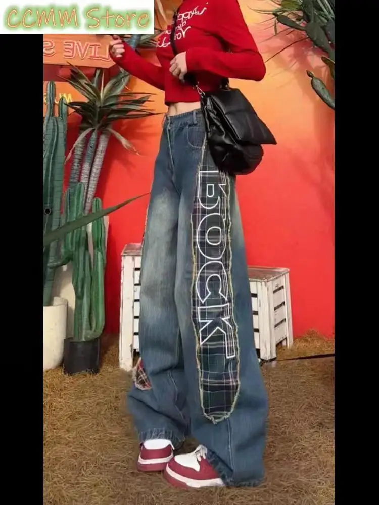 

Women Personalized Patchwork Letter Plaid Jeans Young Girl Denim Trousers Vintage Street Bottoms Female High Waisted Pants