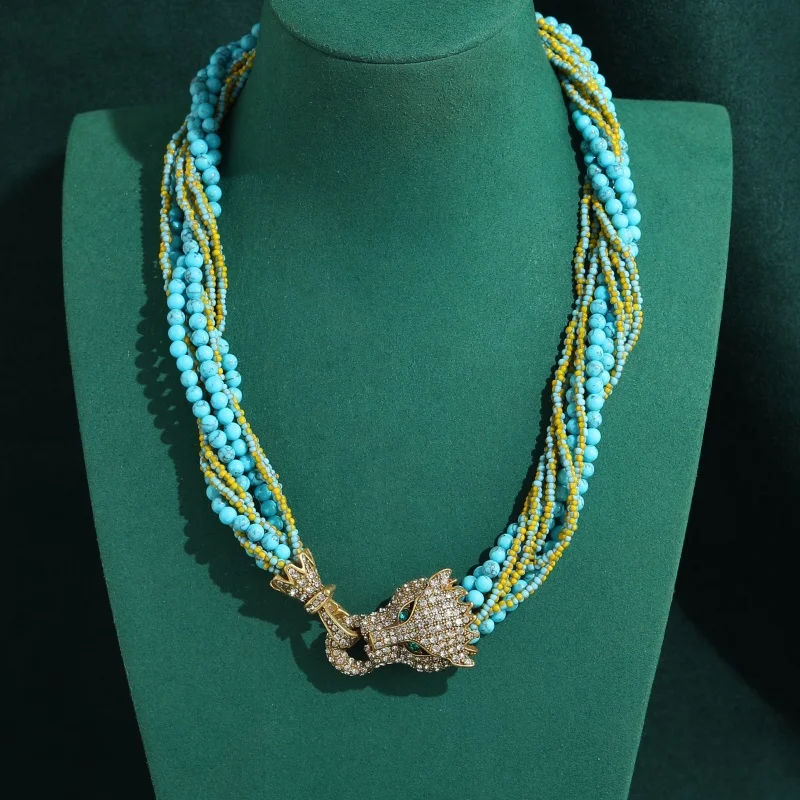 

Antique Gold Plated Vintage Turquoise Layered Beaded Leopard Head Necklace Woman Rhinestone 2026 High Luxury Jewelry Beach Party