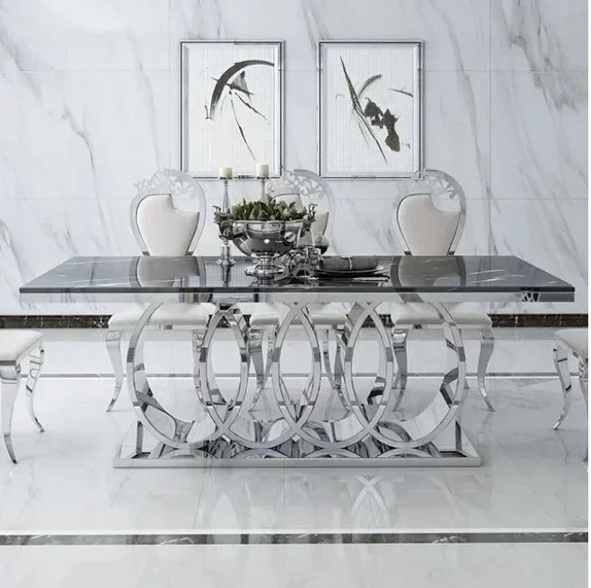 Light Luxury Stainless Steel Base European Modern Marble 200CM Dining Table and Chairs Set Customised