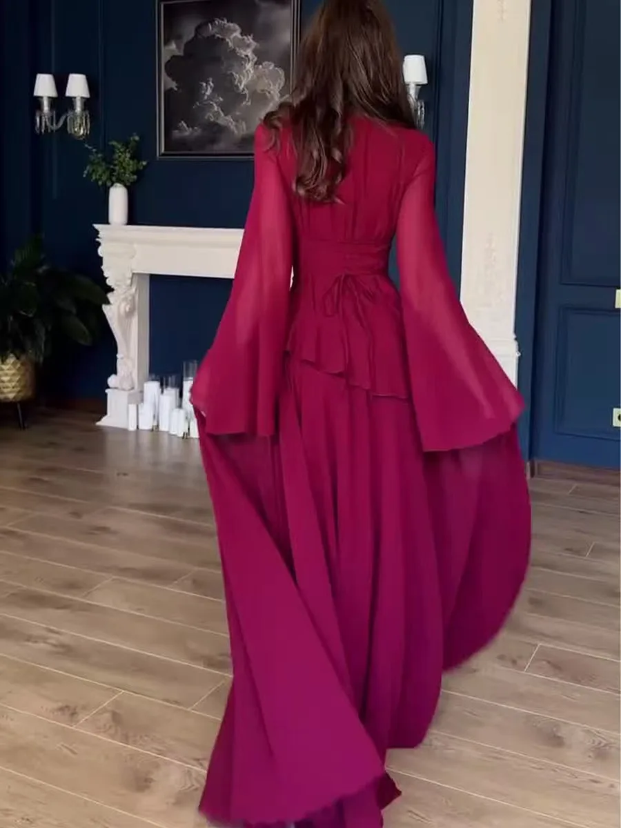 กระโปรงทรงเอเอวสูงผ้าโพลีเอสเตอร์ แขนยาว แต่งลูกไม้ผูกเชือก