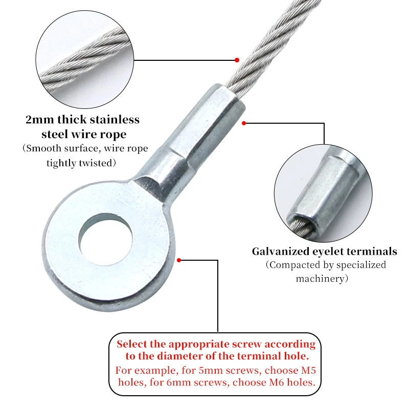 2PCS Fisheye Circular Terminal Rope Made of 304 Stainless Steel Wire Rope, with a Diameter of 2mm, Can Be DIY Adjusted