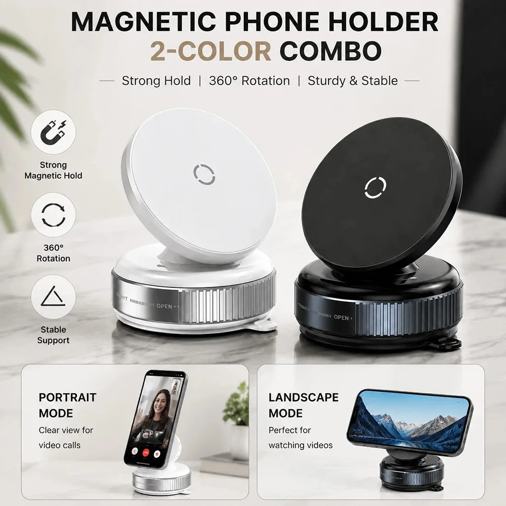 Car Vacuum Magnetic Phone Holder 360° Rotating Adjustable Universal Foldable Portable Stand For Car Cell Phone Live Streaming