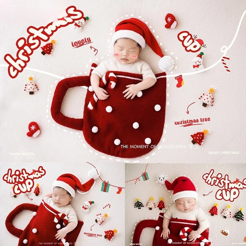 新生児写真撮影用小道具-ベビー服-クリスマス-レッドカップ-スリーピングブランケット-帽子-デコレーション-クリスマステーマセット-スタジオ撮影用