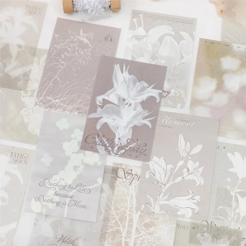20Pcs White Kraft Paper Flower Stickers, Misty Dreamscape Aesthetic Retro Floral Ephemera for Diary Planner DIY Crafts
