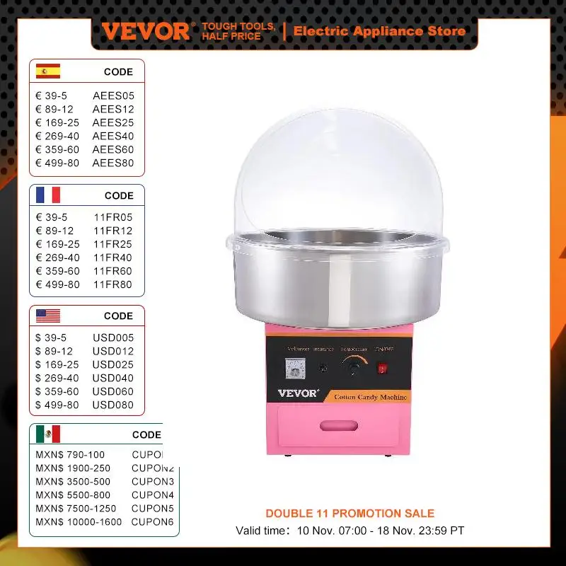 VEVOR Electric Cotton Candy Machine Commercial Floss Maker with Stainless Steel Bowl Sugar Scoop and Drawer for Birthday Party