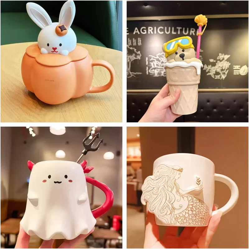 

New Arrival Stock Kawaii Ceramic Mug Irregular Ice Cream Cone Cup Creative Cover Straw Mug Coffee Milk Cup Home Office Cup Gifts