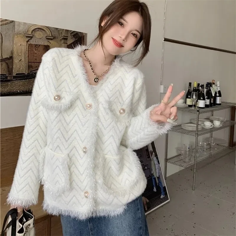 Imitação de vison veludo tricô cardigan feminino outono inverno manga longa casaco senhoras com decote em v casaco curto senhora tricô cardigan topo