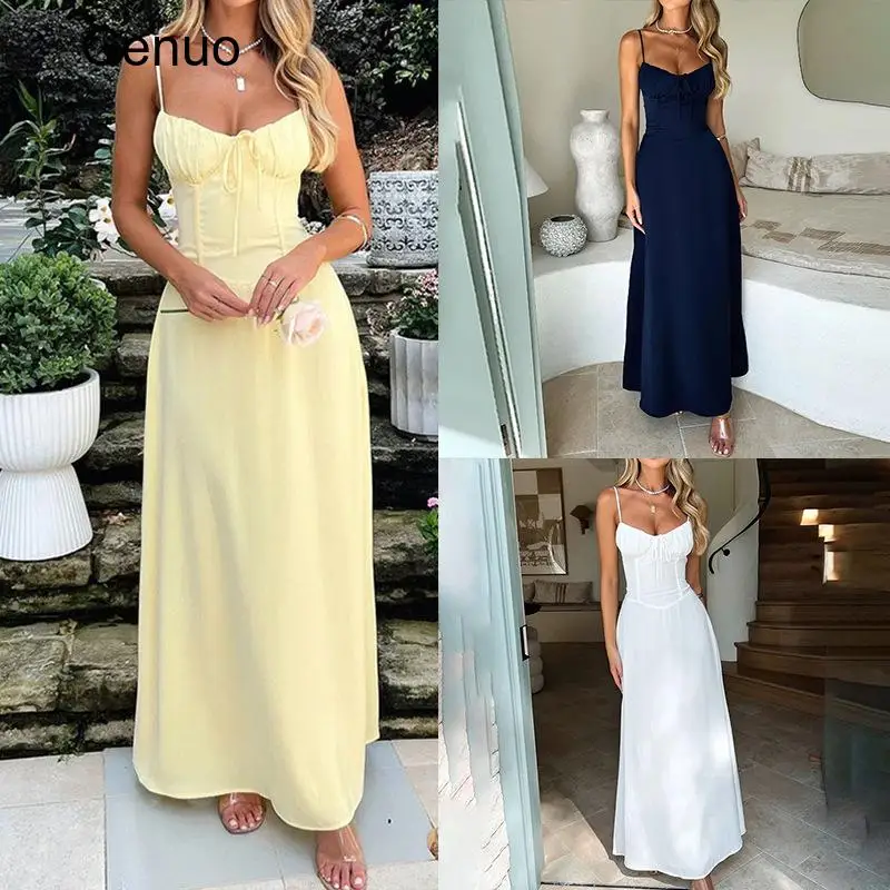 2026 A Line Cami Maxi Dress Spaghetti Strap Ruched Bust Waist Tie Summer Dress