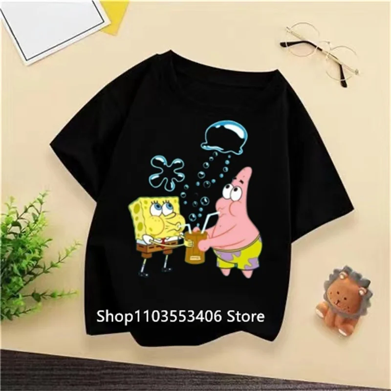 Fashion 2024 Summer Kids T-shirt, SpongeBob Squarepants Print Korean Hip Hop O-collar T-shirt, Harajuku kids set