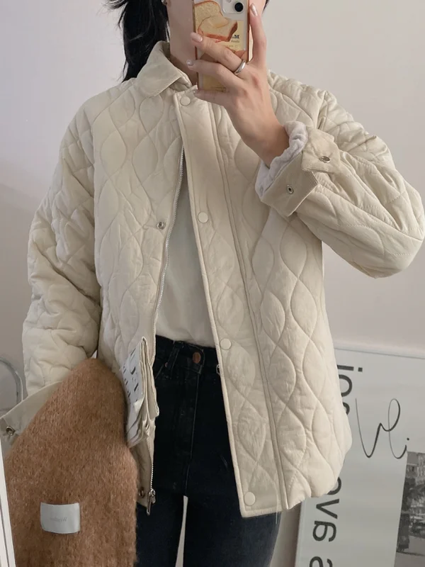 

Korean Retro Corduroy Thiened Collar Patchwork Diamond Pattern Women's Cotton Jaet Winter Faion Sweet Loose Fit Zipper ...