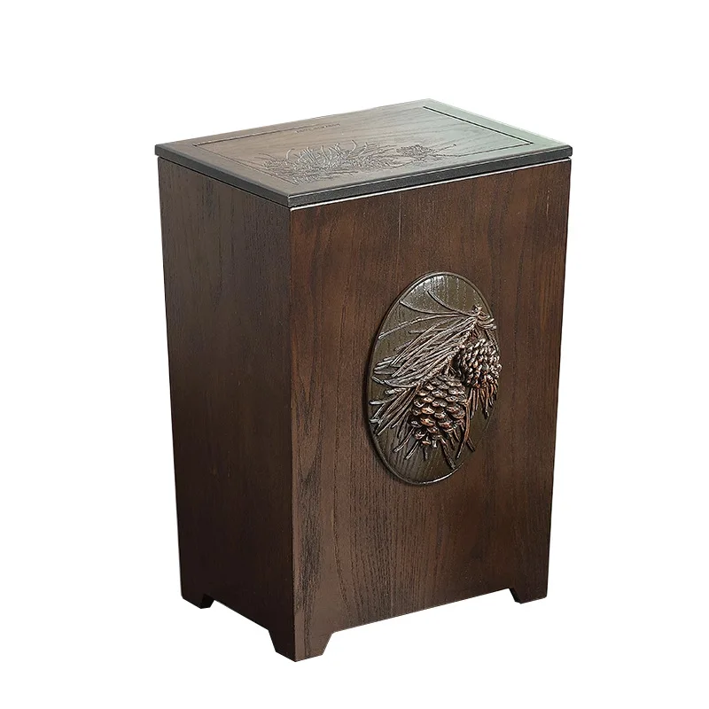Trash can new Chinese wooden edge light luxury household bedroom bathroom kitchen sanitary bucket with lid paper basket