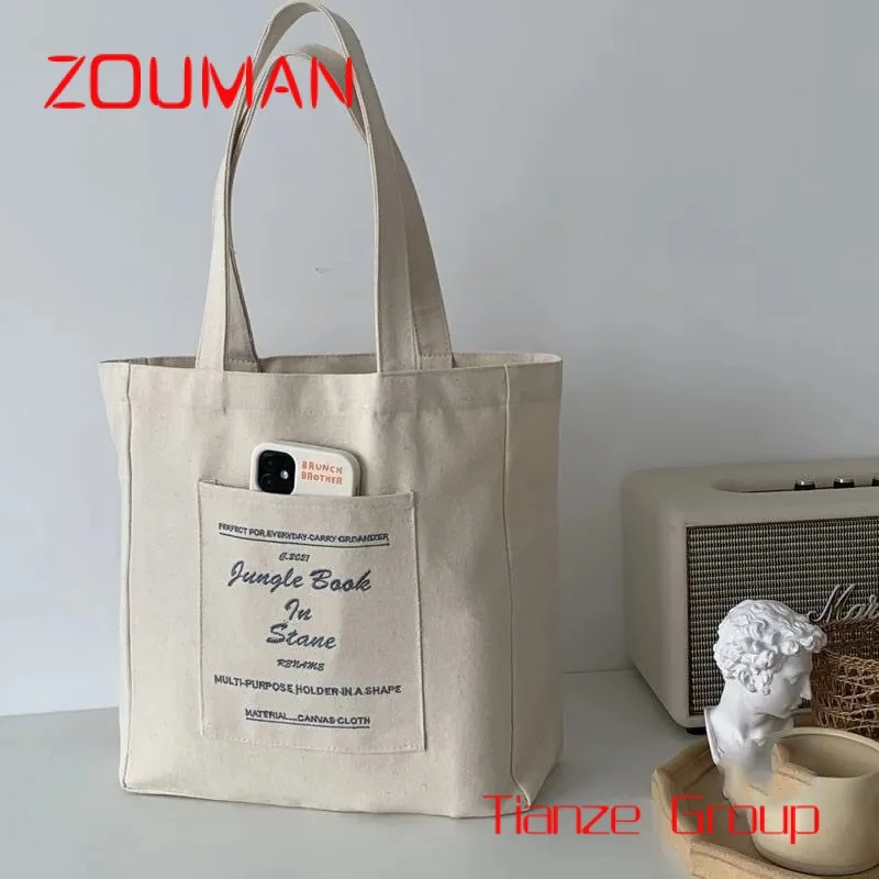 Bolsa de ombro de lona com bolso, logotipo impresso personalizado, grande capacidade, casual, reutilizável, algodão, sacola de compras, bolsa de praia com bolso