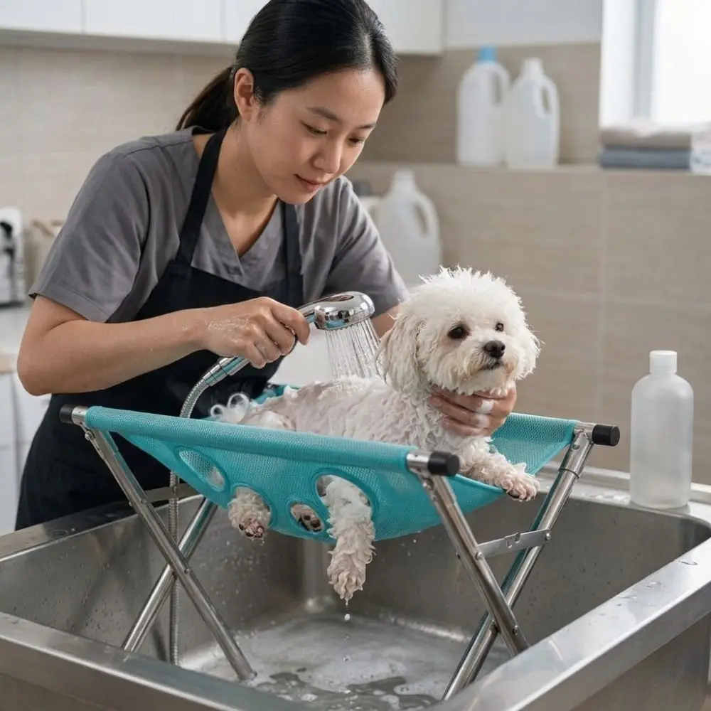 Folding Pet Grooming Hammock Anti-Scratch with Support Frame Dog Grooming Table Quick Drying Sturdy Pet Washing Station Pet Care