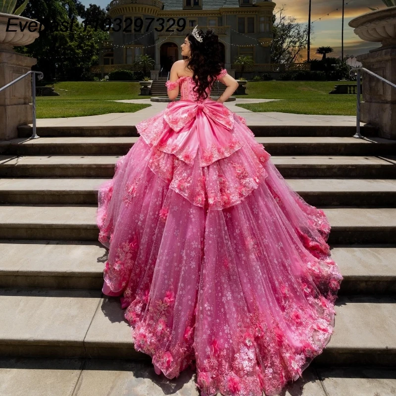 EVLAST Customized Rose Pink Quinceanera Dress Ball Gown 3D Floral Applique Beaded Bow Tiered Sweet 16 Vestidos De 15 Años TQD858