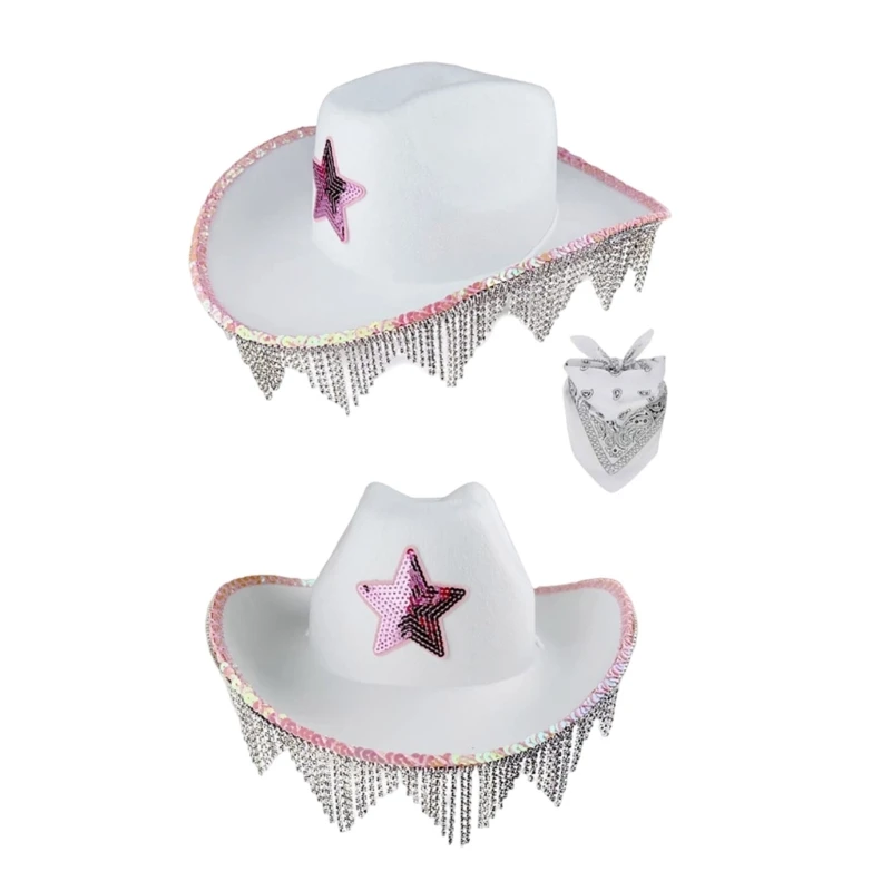 

Sequins Star Cowgirl Hat with Tassel Brim Hat for Outdoor Sunproof